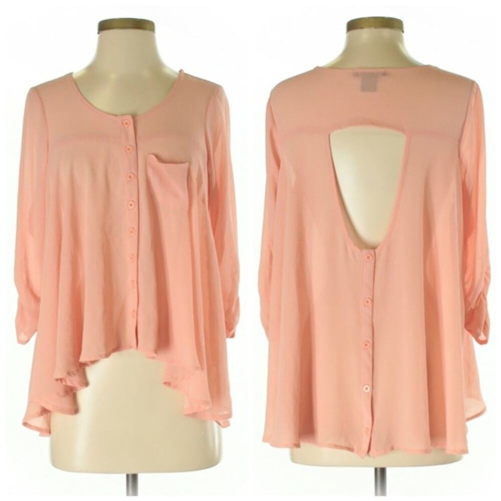 Vintage Material Girl Peach Hi Low Button Front Semi Sheer Shirt Sz Small